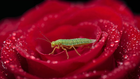 A vivid macro image featuring a delicate green insect traversing the velvet petals of a red flower, adorned with shimmering water droplets. The lighting is focused.の素材