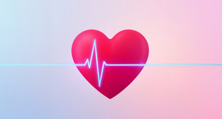 A stylized rendering featuring a vibrant red heart intersected by a bright blue electrocardiogram line, set against a soft, gradient background of blues and pinks.の素材