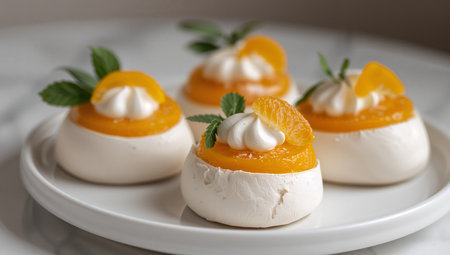 A closeup showcases meringue nests filled with citrus gel and cream, garnished with fresh leaves, set against a soft white background. The composition is visually appealing.の素材