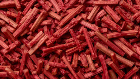 A dense arrangement of short, rectangular shapes in varying shades of red and pink creates a textured surface. The light gently reflects off the surfaces.の素材