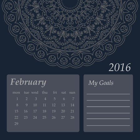 Mandala Calendar February 2016. Vintage decorative elements. Oriental pattern, vector illustration. Islam, Arabic, Indian, turkish, pakistan, chinese, ottoman motifsのイラスト素材