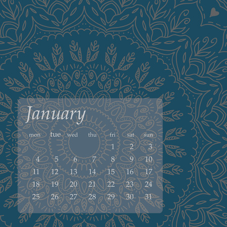 Mandala January 2016 calendar. Round Ornament Pattern. Vintage decorative elements. Hand drawn background. Islam, Arabic, Indian, ottoman motifs.のイラスト素材