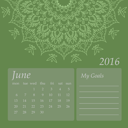 Mandala Calendar June 2016. Vintage decorative elements. Oriental pattern, vector illustration. Islam, Arabic, Indian, turkish, pakistan, chinese, ottoman motifsのイラスト素材