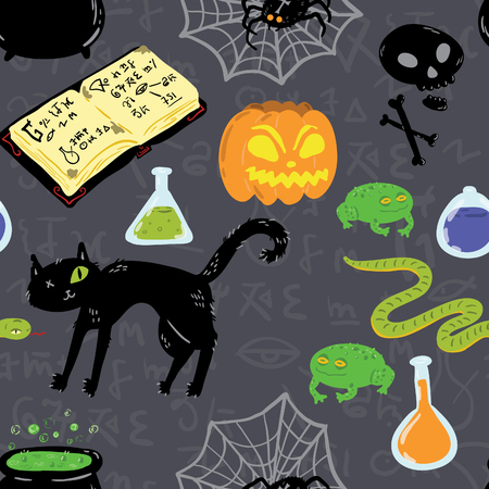 Happy Halloween! Seamless pattern with pumpkins, skulls, cats, spiders, snakes, frogs, magic books and poisons and potions. Vector illustration.のイラスト素材