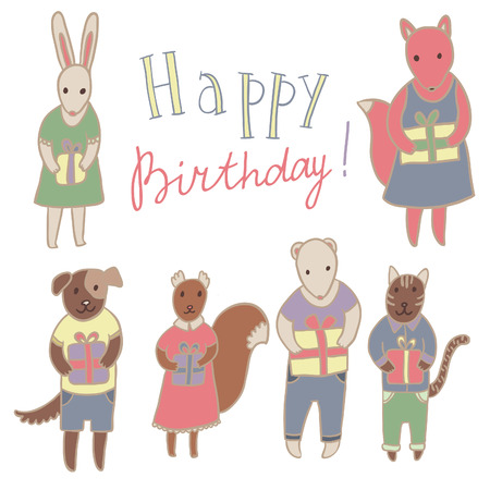 Adorable animals with presents. Birthday party vector set.のイラスト素材