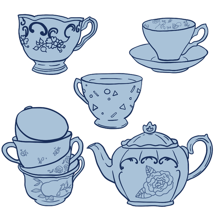 Vector set with teapots and teacups.のイラスト素材