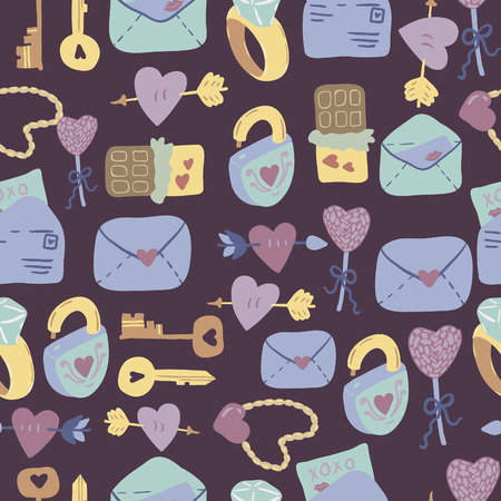 Love Letter seamless vector pattern with adorable sweets, letters, keys and hearts. Hand drawn texture for fabrics, paper and web. St.Valentines Day.のイラスト素材