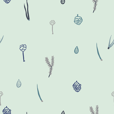 Trendy vector seamless pattern with forest plants, leaves ,, seeds and cones.のイラスト素材