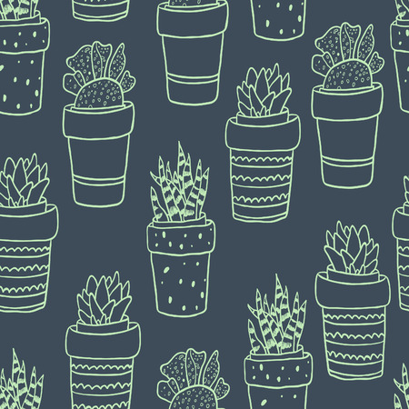 Cute hand drawn terrariums, houseplants and succulents in pots. Seamless vector pattern.のイラスト素材