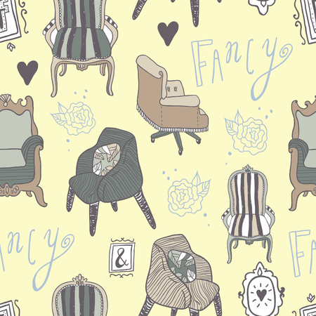 Stay Fancy seamless vector pattern. Cute hand drawn furniture, interior decorations and frames.のイラスト素材