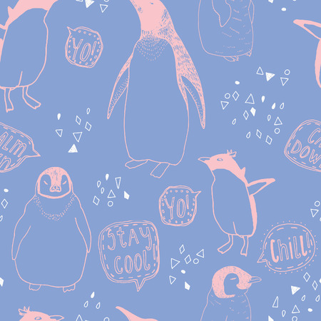 Penguins lifestyle seamless vector pattern. Cute birds and lettering. Trendy background for scrapbook paper, textile, web and packaging.のイラスト素材