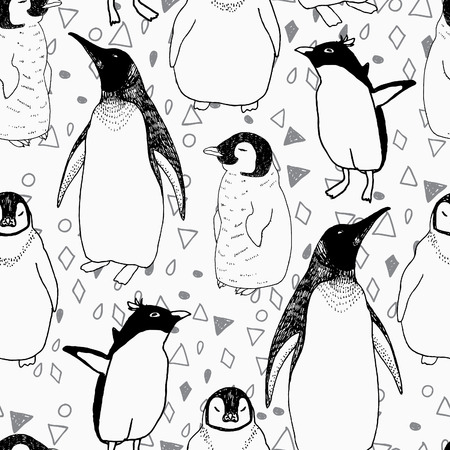 Penguins lifestyle seamless vector pattern. Cute birds and lettering. Trendy background for scrapbook paper, textile, web and packaging.のイラスト素材