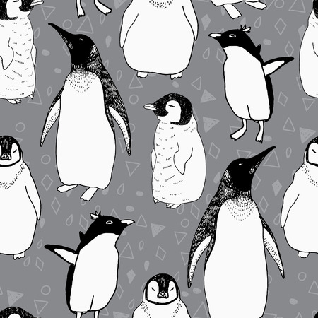 Penguins lifestyle seamless vector pattern. Cute birds and lettering. Trendy background for scrapbook paper, textile, web and packaging.のイラスト素材