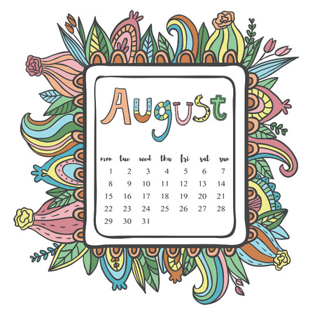 August 2016 calendar. Doodle frame. Cute floral decorated frame.のイラスト素材
