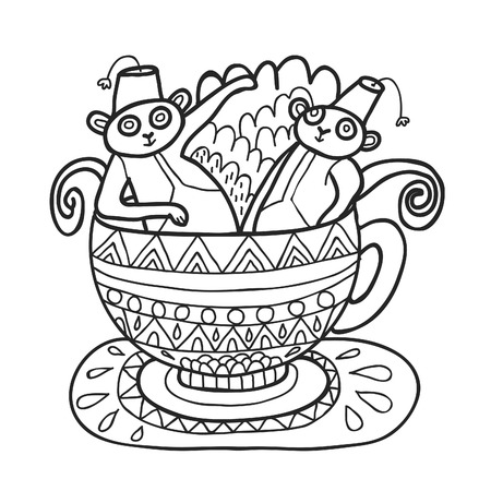 Maharaja Garden capuchin monkeys in tea cup for coloring. Adult coloring page.のイラスト素材