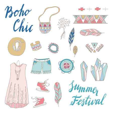 Boho Chic set. Summer fest design. Crystals, feathers, festive look, ornaments, jewelry, tambourine.のイラスト素材
