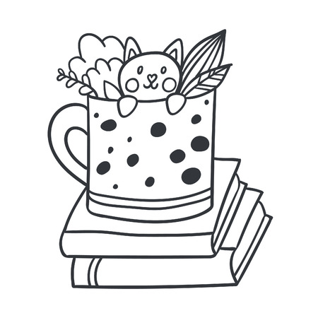 Vector postcard with adorable kitten, books and plantsのイラスト素材