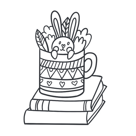 Vector postcard with adorable rabbit in teacup, books and plantsのイラスト素材