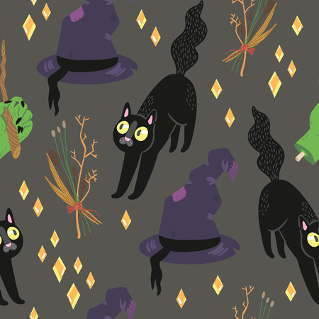 Happy Halloween seamless vector pattern with hand drawn spooky objects.のイラスト素材