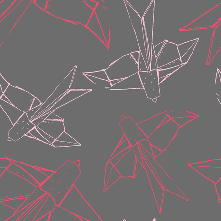 Treasures from Japan. Hand drawn seamless vector pattern with origami bird.のイラスト素材