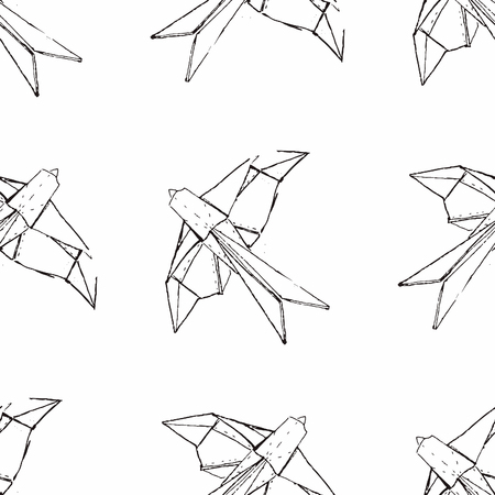 Treasures from Japan. Hand drawn seamless vector pattern with origami bird.のイラスト素材