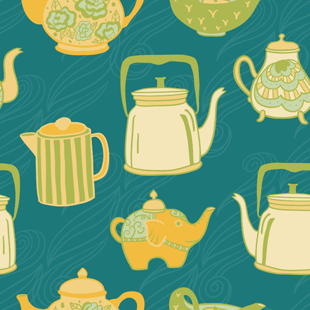 Cute vintage teapots seamless vector patternのイラスト素材
