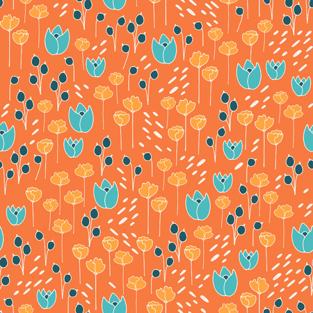 Cute and trendy floral seamless pattern with tulips, poppy flowers and berriesのイラスト素材