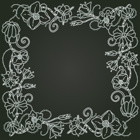 Vector floral card, hand drawn flowers and leaves on the dark backgroundのイラスト素材