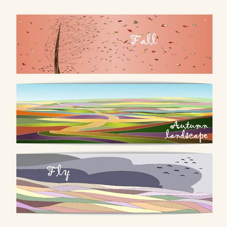 Autumn set of three nature banners, road, tree and open sky. Colored autumn landscapes.のイラスト素材
