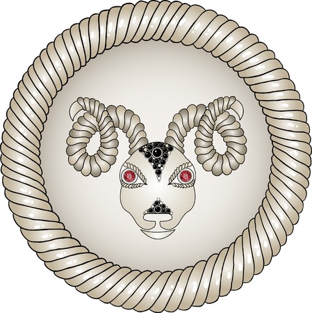 Head of the ram in circle. Zodiac signs - Aries (colored). Eyes of red rubies (precious stones).のイラスト素材