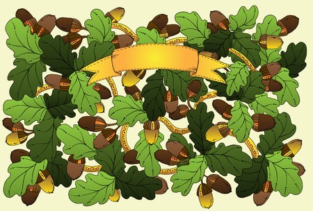 Vector floral card, hand drawn retro oak leaves and acorns. Graphic background with place for your text. Horizontal format (vertical format in my portfolio).のイラスト素材