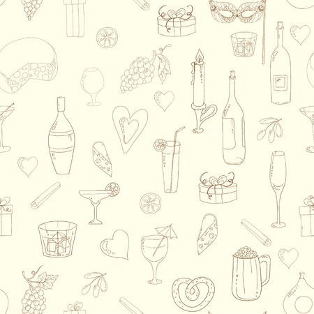 Wine and coctail seamless background. Holiday pattern with love hearts, wine, grapes, chees, bear and gifts. Colored version.のイラスト素材