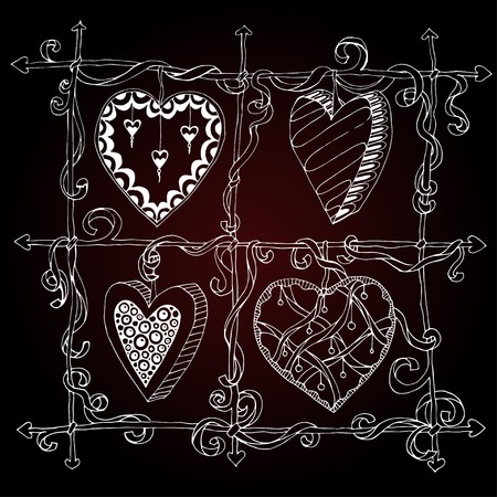 Original drawing doodle hearts. Template frame design for love card with set of doodle lace heart.のイラスト素材