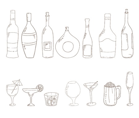 Tumblers set for alcohol drinks and coctails. Sketch of wine bottles.Wine, martini, cognac, cherry, beer, champagne, grappa glasses.のイラスト素材