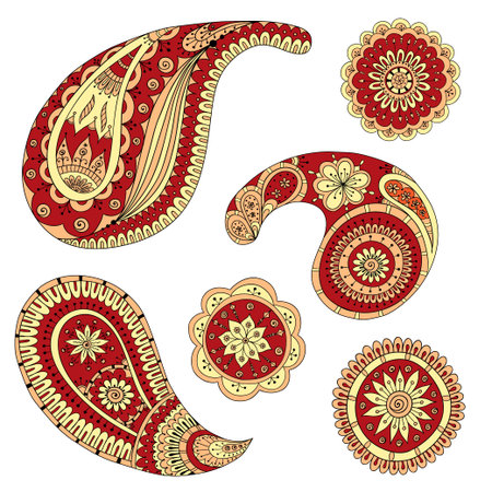 Colored Version Of Henna Paisley Mehndi Abstract Floral Asian Vector Illustration Design Element. Doodle Style. Series Of Ethnic Decorative Elements For Design.のイラスト素材