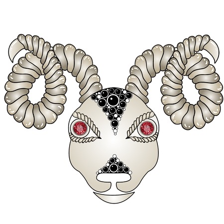 Head of the ram (ram head). Zodiac signs - Aries (colored). Eyes of red rubies (precious stones). Graphic pattern with gem.のイラスト素材