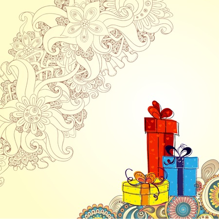 Holiday card with three gift boxes with bows on the doodle floral background. Sketch style.のイラスト素材