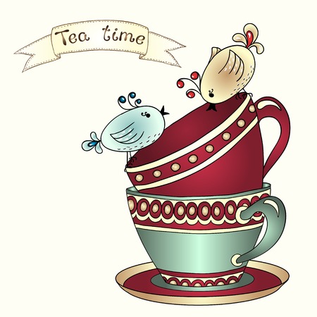 Card with tea cups and art birdsのイラスト素材