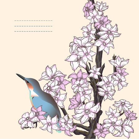 Branch of hand drawn cherry blossom with the birdのイラスト素材