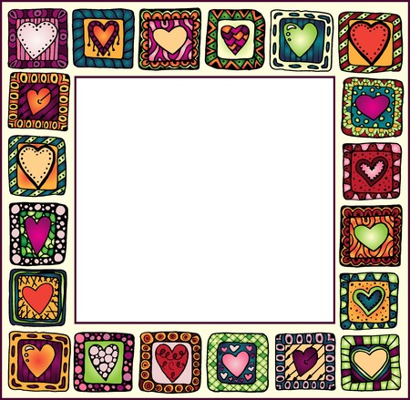 Picture Frame with original hand-drawn hearts in doodle frames, patchwork style, copy space for baby books, albums, scrapbooks.  organized in groups for easy editing.のイラスト素材