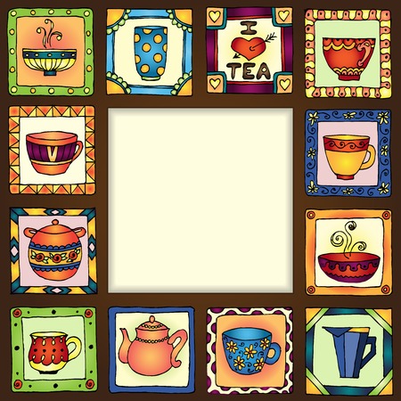 Tea cups and pots frame funny banner hand drawn design. organized in groups for easy editing.のイラスト素材