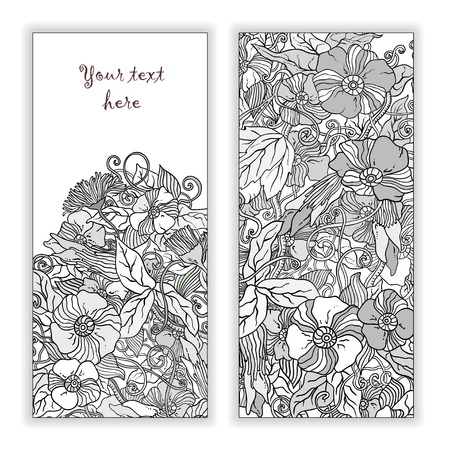 Unique abstract  hand drawn pattern card set with art flowers and leaves. Perfect for invitations or announcements.のイラスト素材