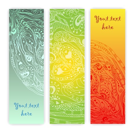 Unique abstract  hand drawn ethnic pattern card set with doodles, art flowers and cucumbers. Template frame design. EPS10 organized in groups for easy editing.のイラスト素材