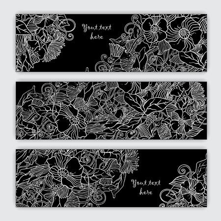 Unique abstract  hand drawn pattern card set with art flowers and leaves. Perfect for invitations or announcements.のイラスト素材