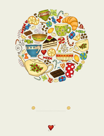 Greeting card with doodle style pattern. Tea Branding Design.のイラスト素材