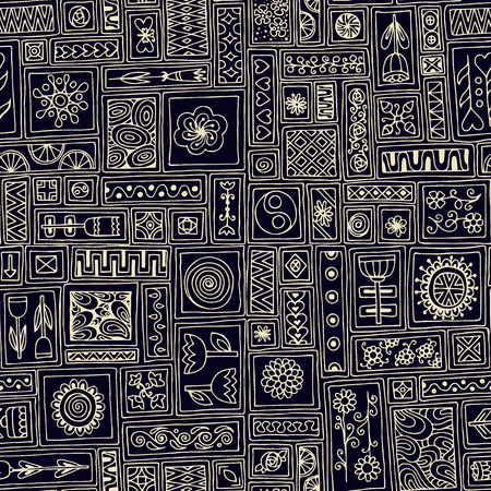 Seamless pattern. Sampler doodle flowers, leaves, hearts. Geometric pattern. Template frame design for card with set of doodle rectangles.のイラスト素材