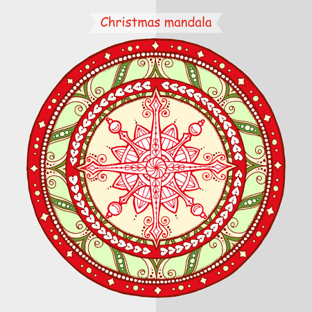 Christmas theme. Doodle snowflake on ethnic circle ornament. Hand drawn art winter mandala. Colorful background.のイラスト素材