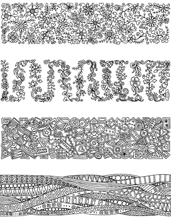 Floral set of horizontal borders for your design. Bouquet of beautiful flowers. Doodle floral patterns. Black and white patterns.のイラスト素材