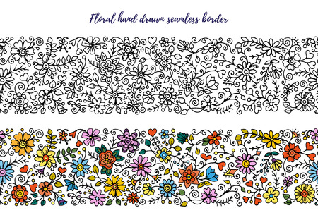 Floral set of horizontal seamless borders for your design. Bouquet of beautiful flowers. Doodle floral patterns. Black and white pattern and colored version.のイラスト素材