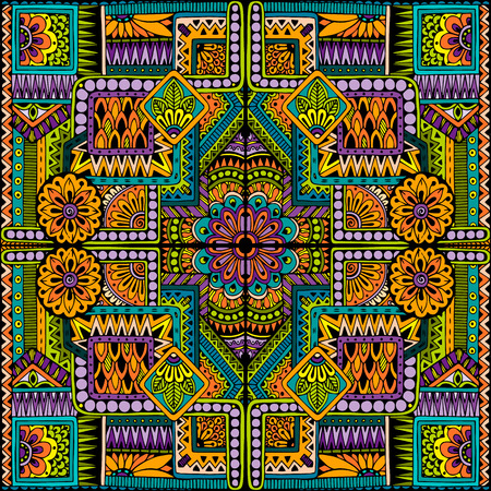 Seamless asian ethnic floral retro doodle background pattern in vector. Henna paisley mehndi doodles design tribal pattern.のイラスト素材